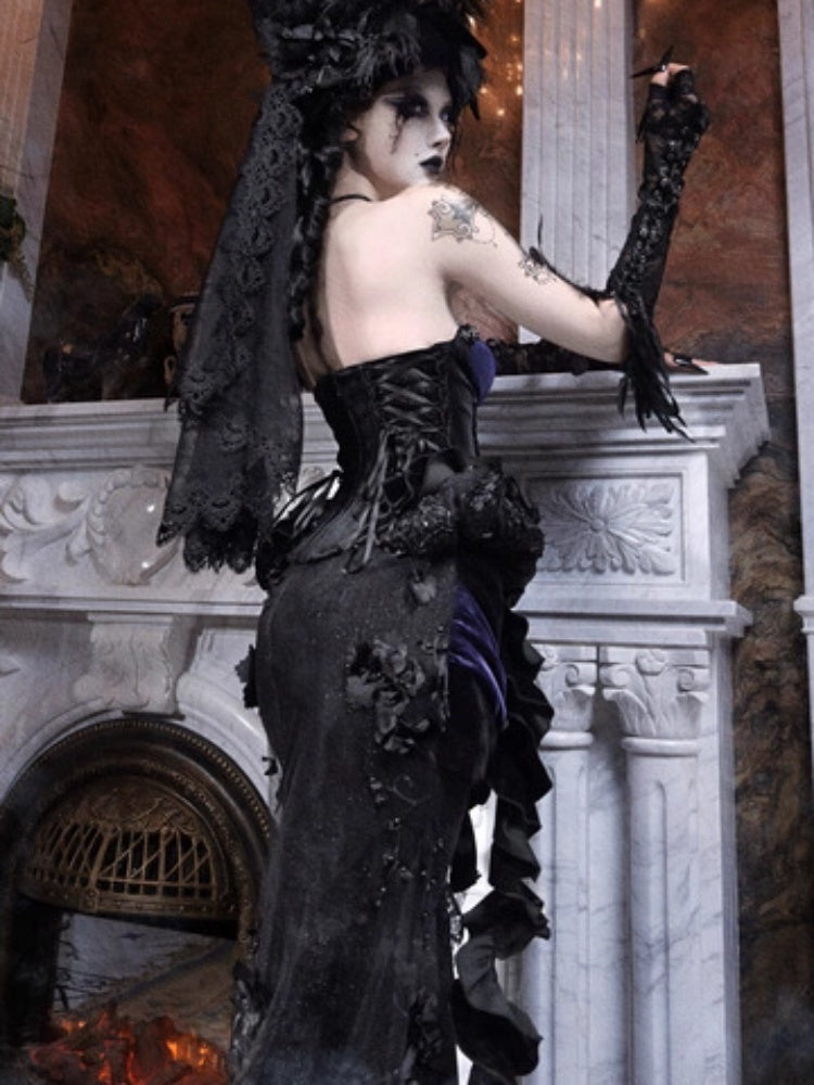 Day Of Mourning Gothic Gorgeous Sparkling Diamond Velvet Slim Dress Corset Halloween【s0000014318】