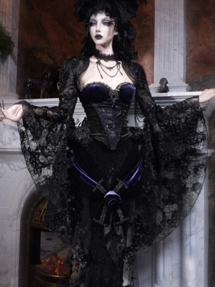 Day Of Mourning Gothic Gorgeous Sparkling Diamond Velvet Slim Dress Corset Halloween【s0000014318】