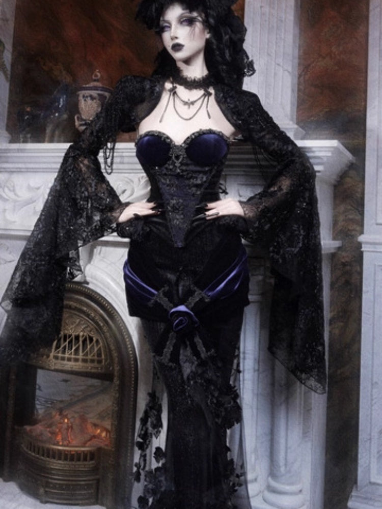 Day Of Mourning Gothic Gorgeous Sparkling Diamond Velvet Slim Dress Corset Halloween【s0000014318】