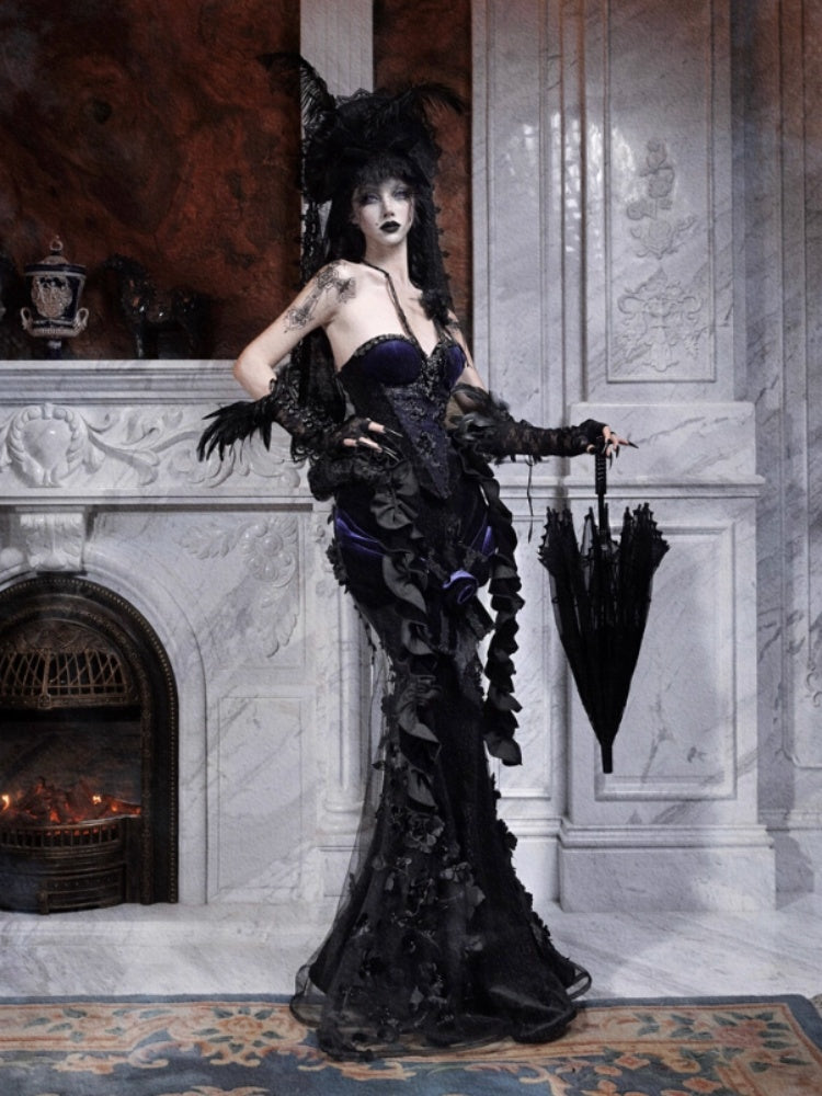 Day Of Mourning Gothic Gorgeous Sparkling Diamond Velvet Slim Dress Corset Halloween【s0000014318】