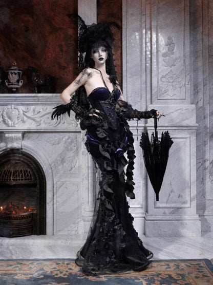 Day Of Mourning Gothic Gorgeous Sparkling Diamond Velvet Slim Dress Corset Halloween【s0000014318】