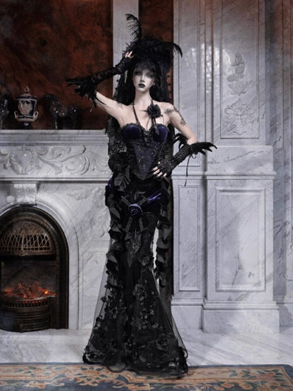 Day Of Mourning Gothic Gorgeous Sparkling Diamond Velvet Slim Dress Corset Halloween【s0000014318】