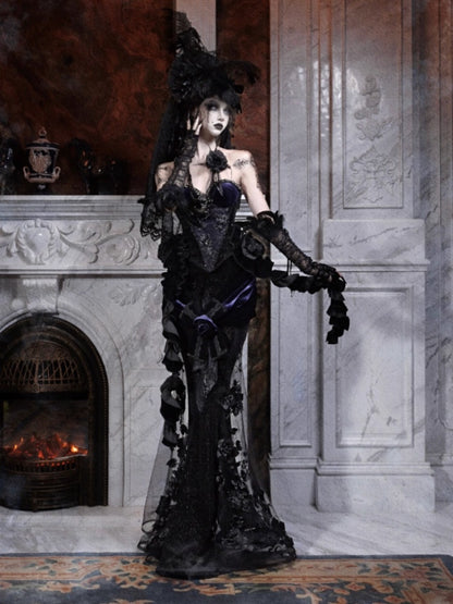 Day Of Mourning Gothic Gorgeous Sparkling Diamond Velvet Slim Dress Corset Halloween【s0000014318】