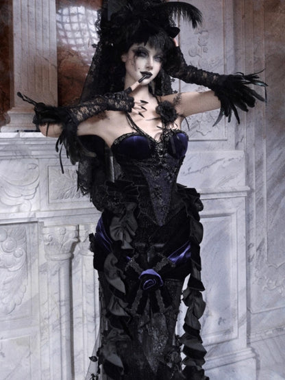 Day Of Mourning Gothic Gorgeous Sparkling Diamond Velvet Slim Dress Corset Halloween【s0000014318】