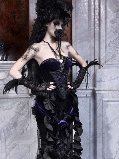 Day Of Mourning Gothic Gorgeous Sparkling Diamond Velvet Slim Dress Corset Halloween【s0000014318】