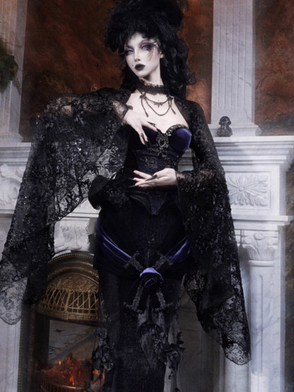 Day Of Mourning Gothic Gorgeous Sparkling Diamond Velvet Slim Dress Corset Halloween【s0000014318】