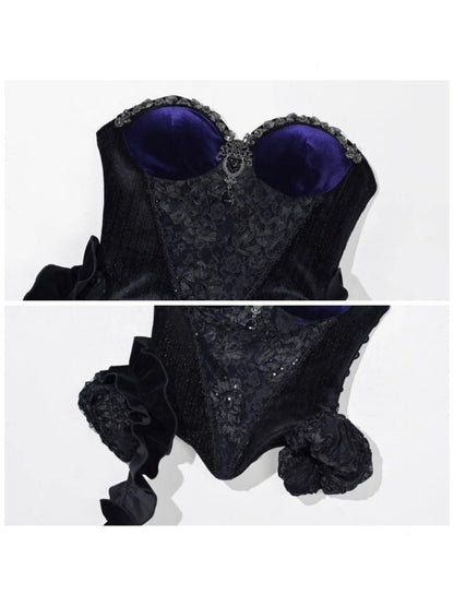 Day Of Mourning Gothic Gorgeous Sparkling Diamond Velvet Slim Dress Corset Halloween【s0000014318】