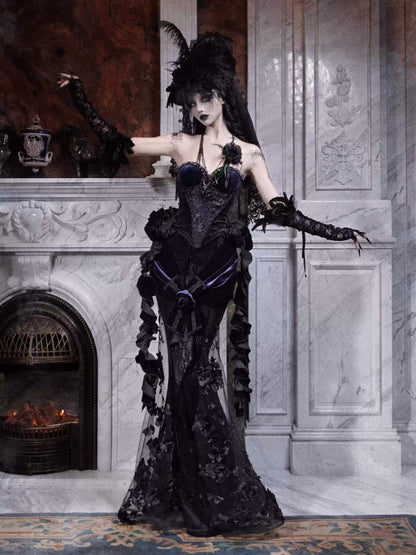 Day Of Mourning Gothic Gorgeous Sparkling Diamond Velvet Slim Dress Corset Halloween【s0000014318】