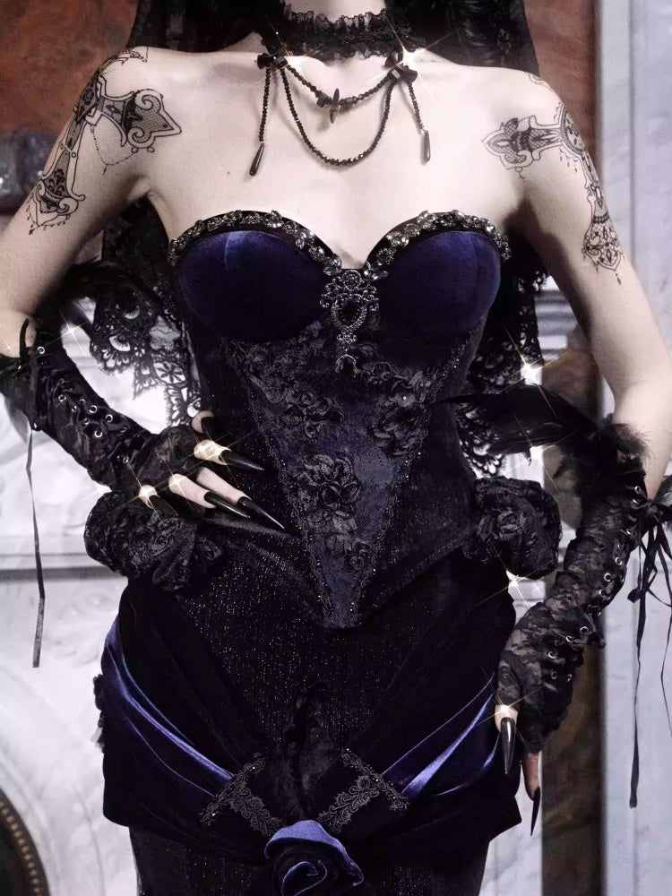 Day Of Mourning Gothic Gorgeous Sparkling Diamond Velvet Slim Dress Corset Halloween【s0000014318】