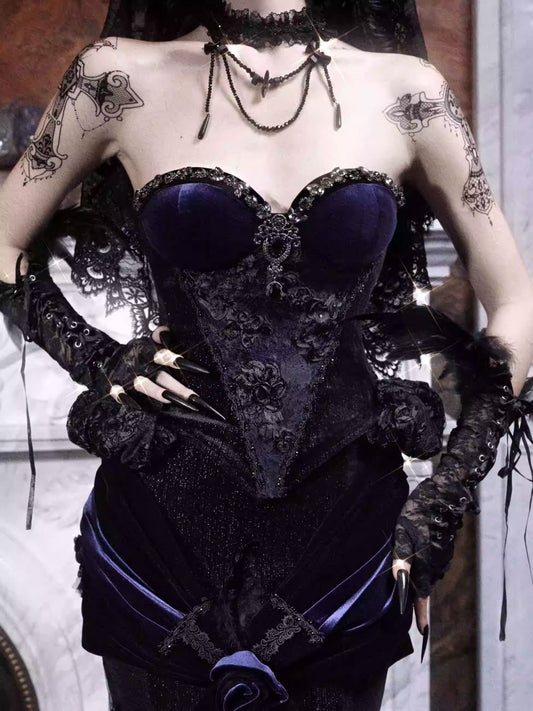Day Of Mourning Gothic Gorgeous Sparkling Diamond Velvet Slim Dress Corset Halloween【s0000014318】