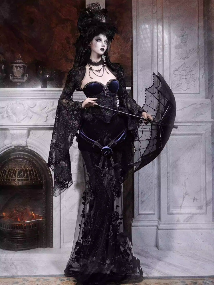 Day Of Mourning Gothic Gorgeous Sparkling Diamond Velvet Slim Dress Corset Halloween【s0000014318】