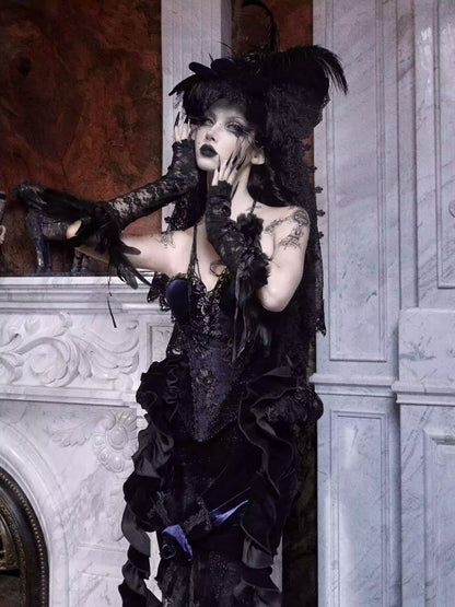 Day Of Mourning Gothic Gorgeous Sparkling Diamond Velvet Slim Dress Corset Halloween【s0000014318】