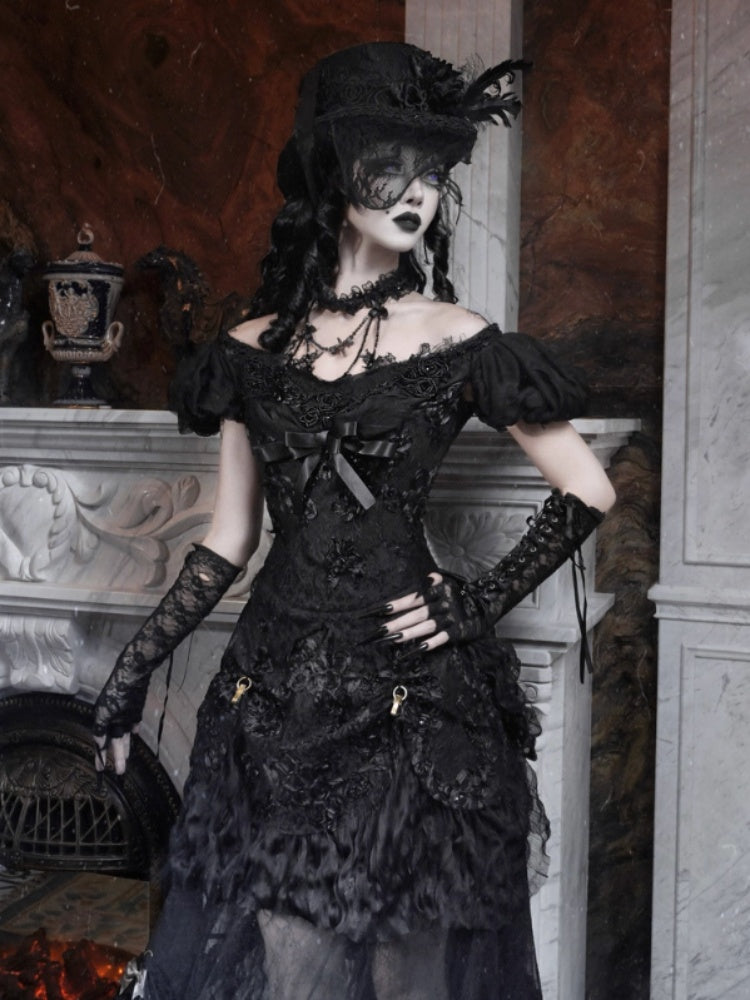 Magic Box Of The God Of Love Edward Goth One-Shoulder Puff Sleeve Mesh Top Halloween【s0000014320】