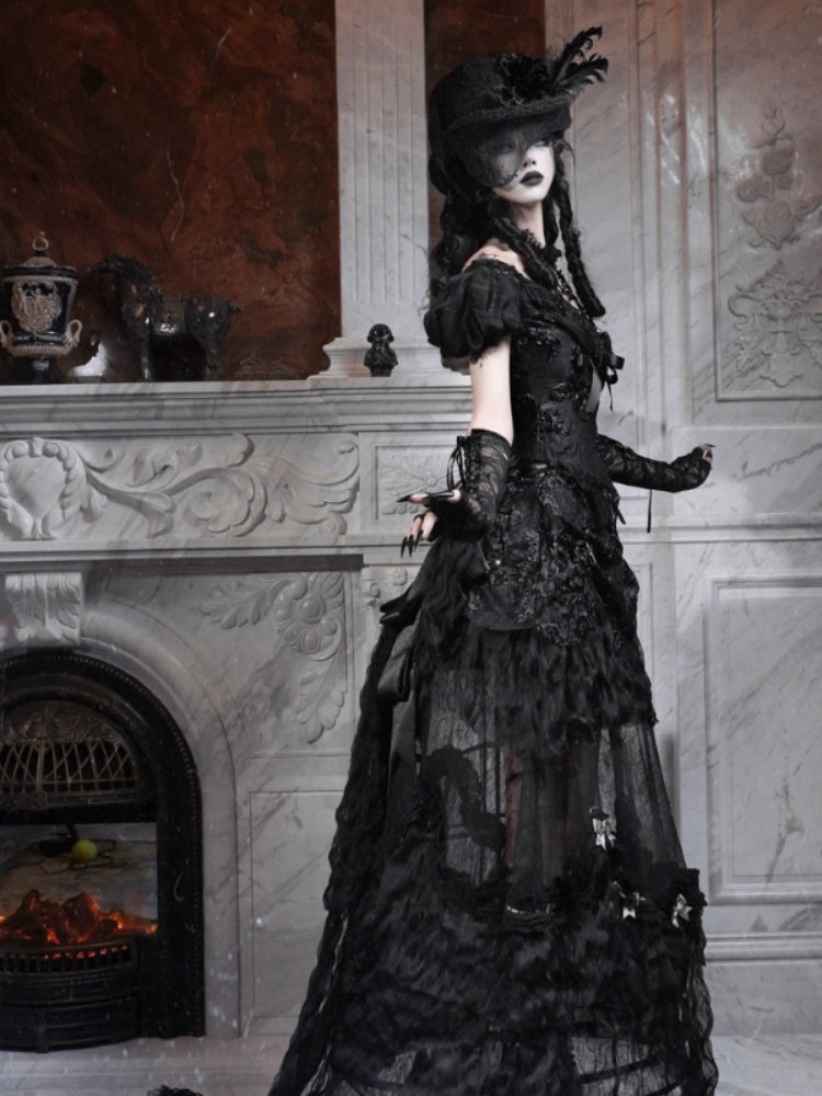Magic Box Of The God Of Love Edward Goth One-Shoulder Puff Sleeve Mesh Top Halloween【s0000014320】