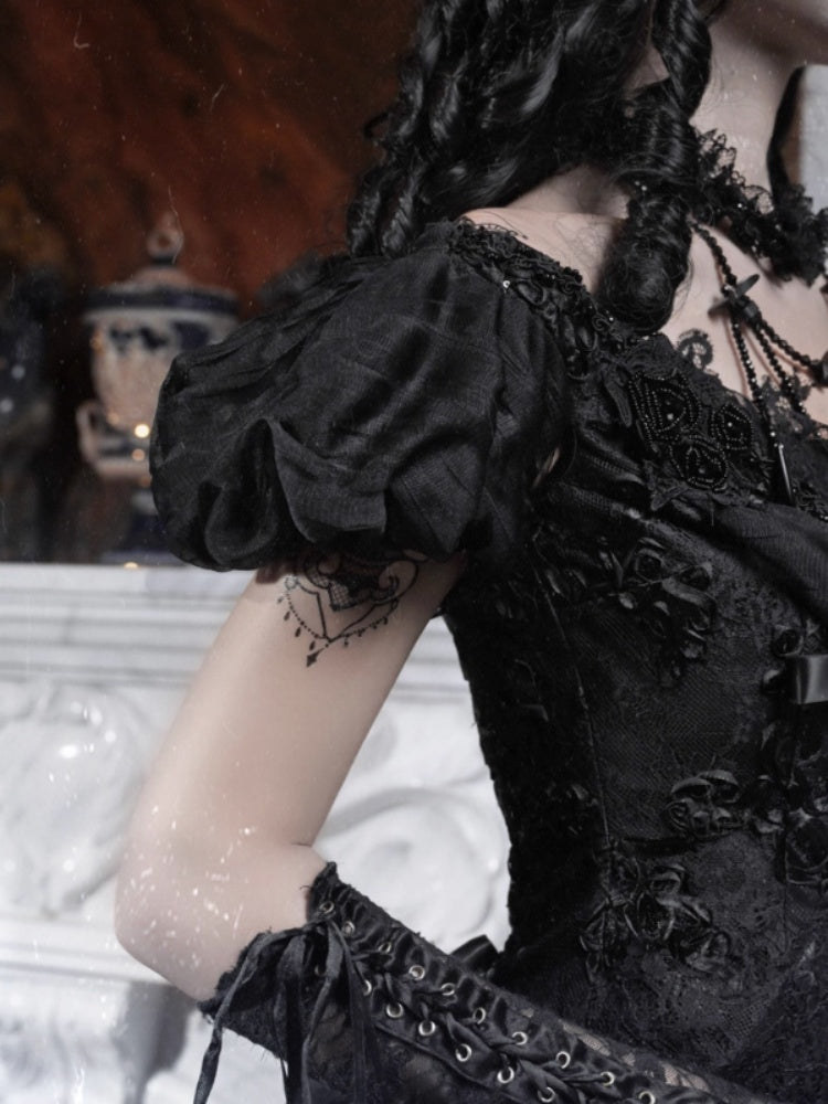 Magic Box Of The God Of Love Edward Goth One-Shoulder Puff Sleeve Mesh Top Halloween【s0000014320】