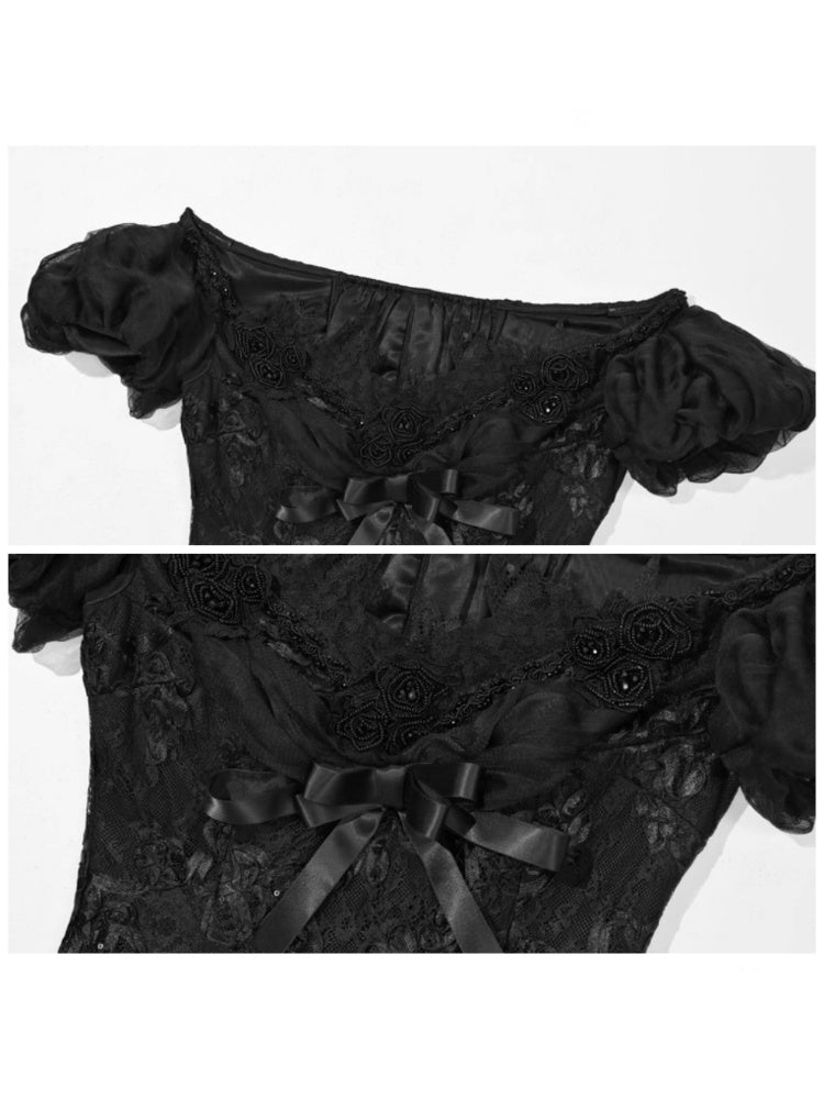 Magic Box Of The God Of Love Edward Goth One-Shoulder Puff Sleeve Mesh Top Halloween【s0000014320】