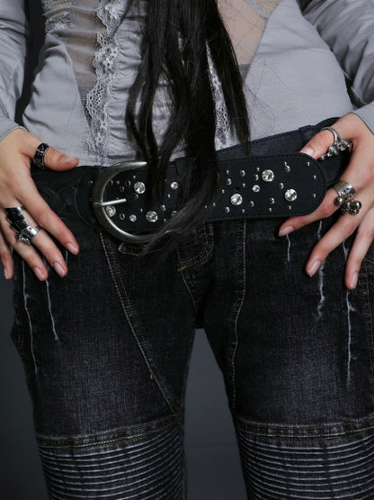 Leather Composite Rivet Drill Buckle Wide Waistband【s0000014539】
