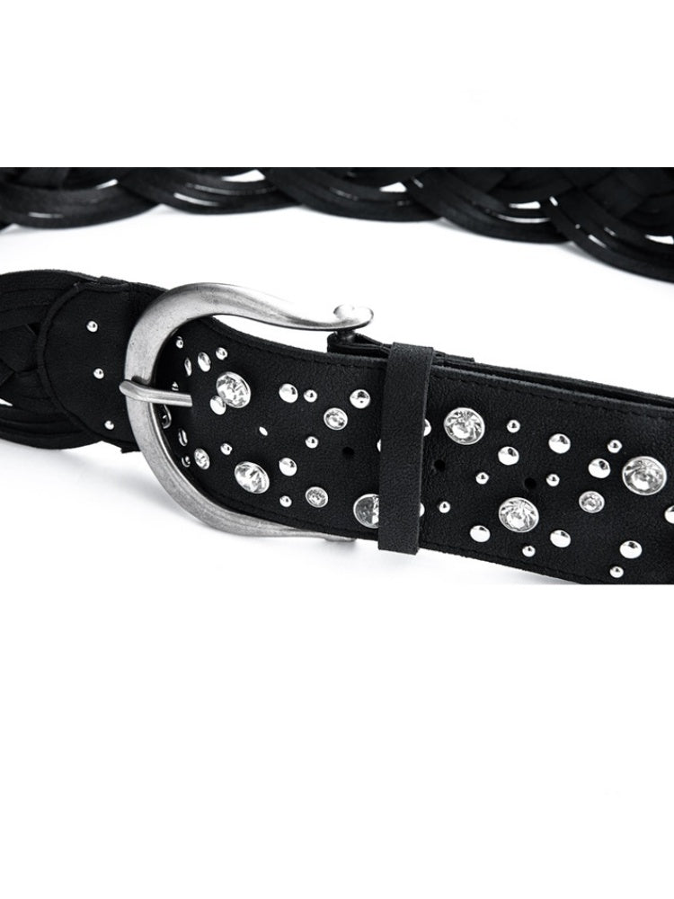 Leather Composite Rivet Drill Buckle Wide Waistband【s0000014539】