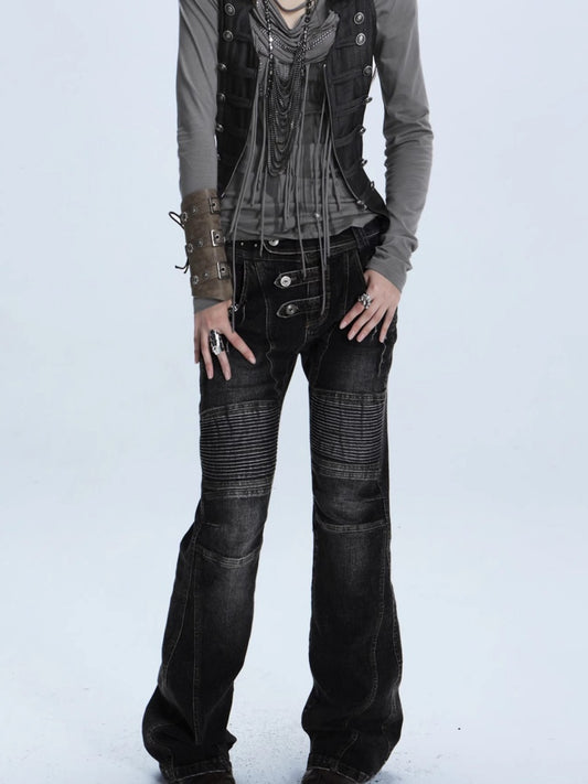 Washed Straight Motorcycle Shape Low-Rise Casual Jeans【s0000014540】