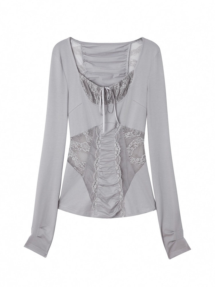 Shoulder Mesh Lace Stitching Romantic Girly Style Slim Shape Square Neck Long Sleeve T-Shirt【s0000014542】