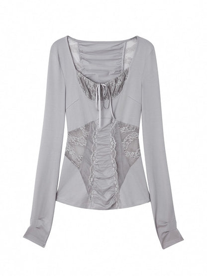 Shoulder Mesh Lace Stitching Romantic Girly Style Slim Shape Square Neck Long Sleeve T-Shirt【s0000014542】