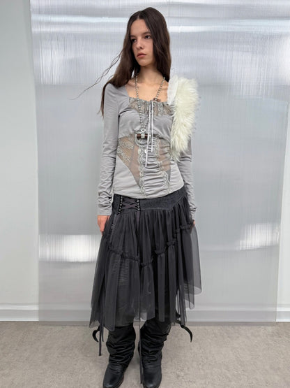 Shoulder Mesh Lace Stitching Romantic Girly Style Slim Shape Square Neck Long Sleeve T-Shirt【s0000014542】