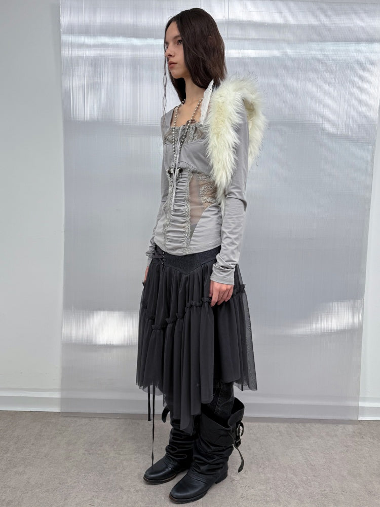 Shoulder Mesh Lace Stitching Romantic Girly Style Slim Shape Square Neck Long Sleeve T-Shirt【s0000014542】