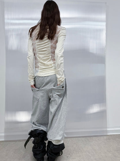 Shoulder Mesh Lace Stitching Romantic Girly Style Slim Shape Square Neck Long Sleeve T-Shirt【s0000014542】