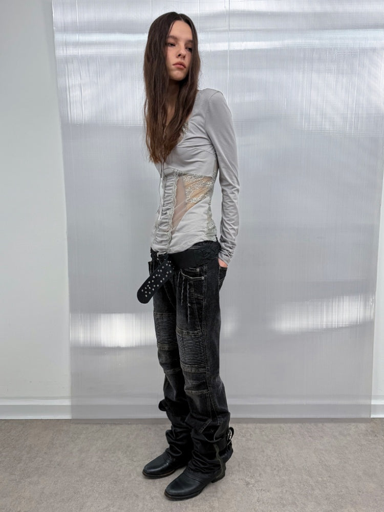 Shoulder Mesh Lace Stitching Romantic Girly Style Slim Shape Square Neck Long Sleeve T-Shirt【s0000014542】