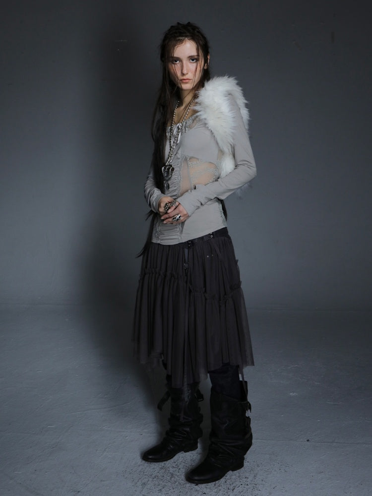 Shoulder Mesh Lace Stitching Romantic Girly Style Slim Shape Square Neck Long Sleeve T-Shirt【s0000014542】