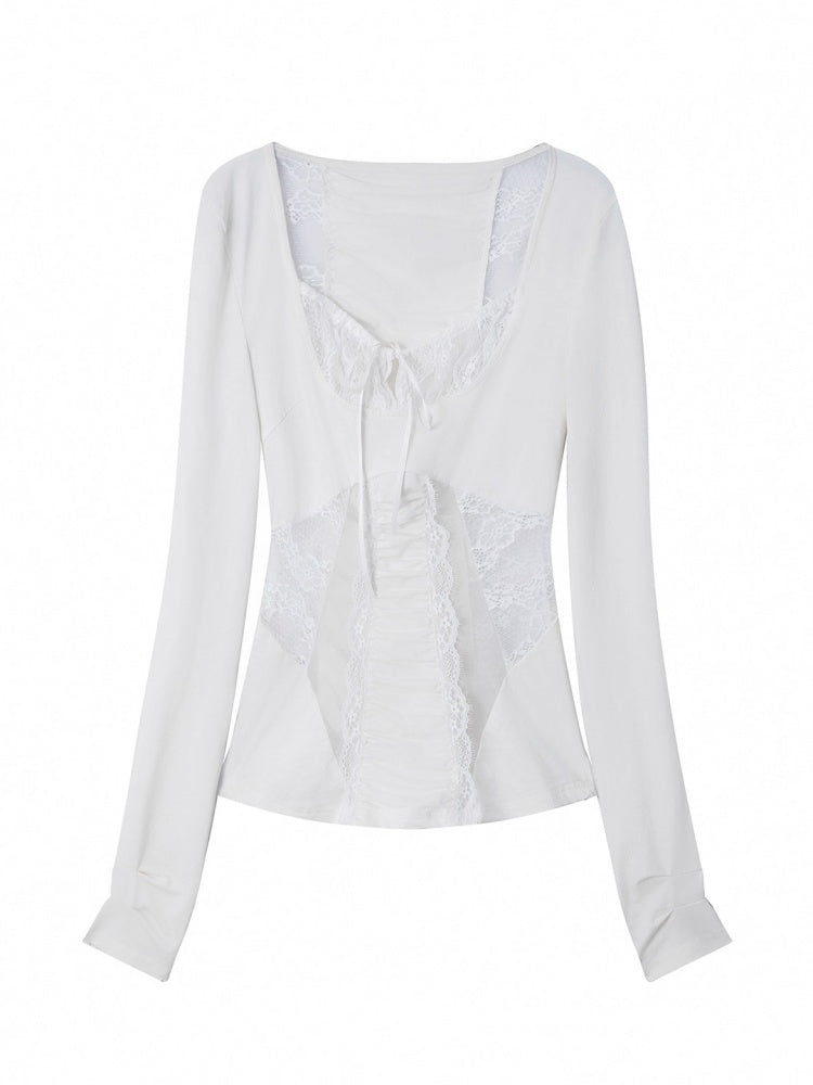 Shoulder Mesh Lace Stitching Romantic Girly Style Slim Shape Square Neck Long Sleeve T-Shirt【s0000014542】