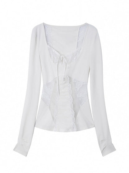 Shoulder Mesh Lace Stitching Romantic Girly Style Slim Shape Square Neck Long Sleeve T-Shirt【s0000014542】