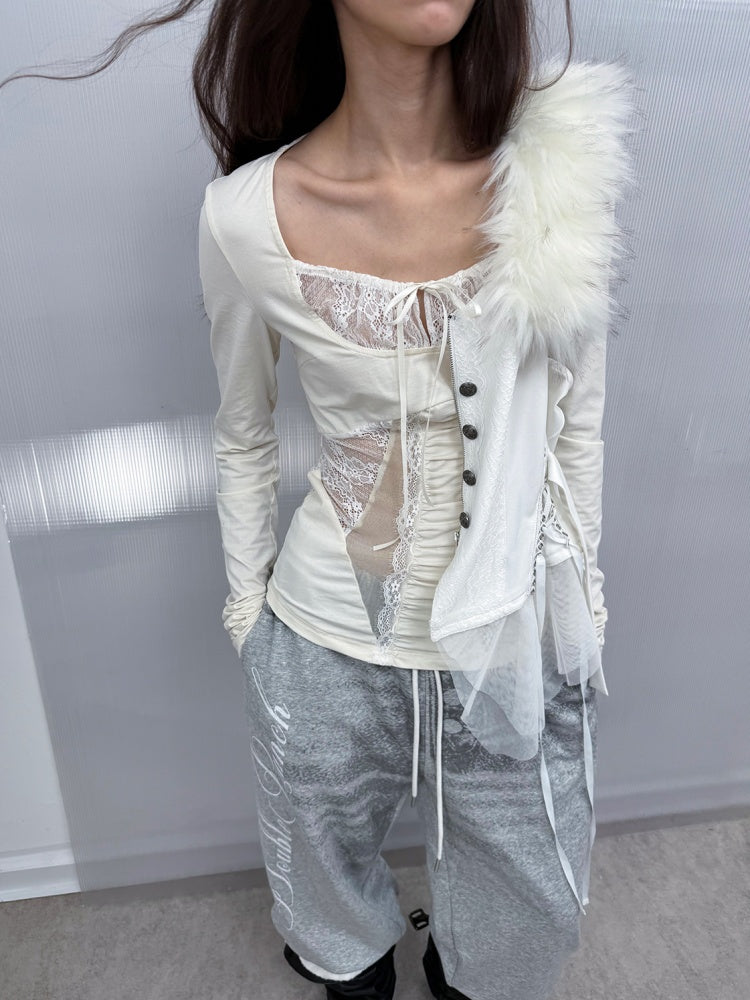Shoulder Mesh Lace Stitching Romantic Girly Style Slim Shape Square Neck Long Sleeve T-Shirt【s0000014542】