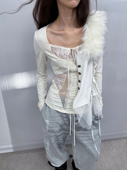 Shoulder Mesh Lace Stitching Romantic Girly Style Slim Shape Square Neck Long Sleeve T-Shirt【s0000014542】