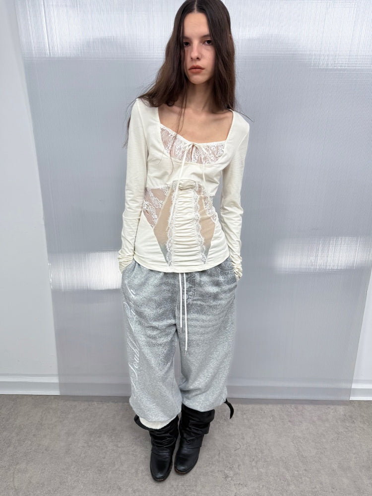 Shoulder Mesh Lace Stitching Romantic Girly Style Slim Shape Square Neck Long Sleeve T-Shirt【s0000014542】