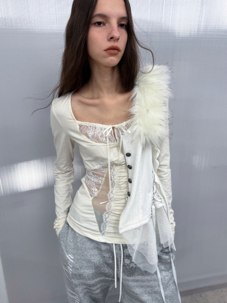 Shoulder Mesh Lace Stitching Romantic Girly Style Slim Shape Square Neck Long Sleeve T-Shirt【s0000014542】