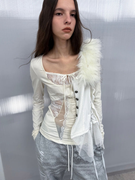 Shoulder Mesh Lace Stitching Romantic Girly Style Slim Shape Square Neck Long Sleeve T-Shirt【s0000014542】