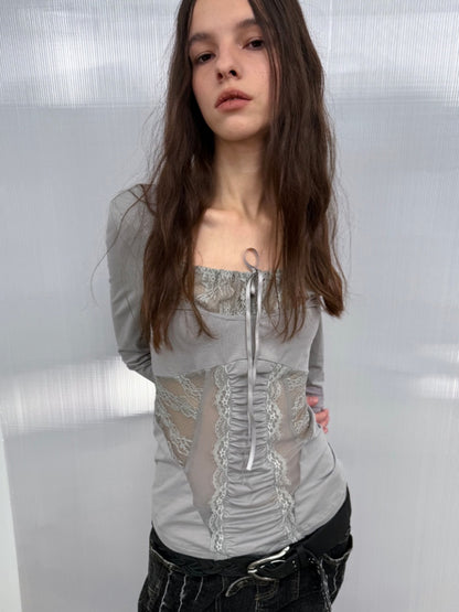 Shoulder Mesh Lace Stitching Romantic Girly Style Slim Shape Square Neck Long Sleeve T-Shirt【s0000014542】