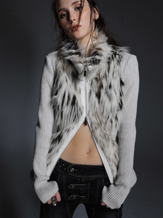 Shoulder Eco-Friendly Fur Stitching Stand Collar Warm Vintage Sweater Cardigan Jacket【s0000014543】
