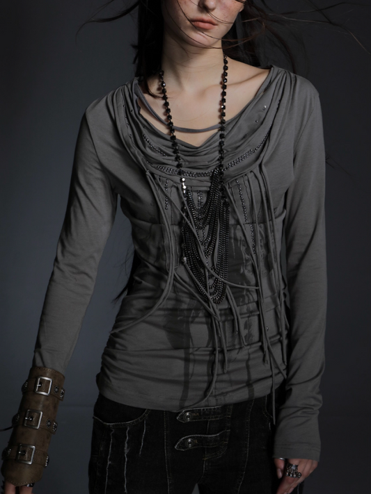 Swing Collar Multi-Layered Feather Print Wandering Wind Bottom T-Shirt【s0000014545】