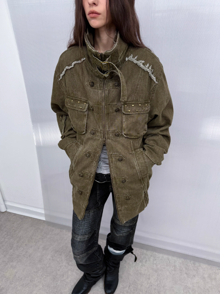 Wash Clip Cotton Drop Shoulder Workwear Mid-Length Loose Jacket【s0000014546】