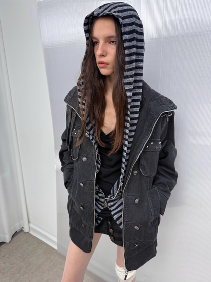 Wash Clip Cotton Drop Shoulder Workwear Mid-Length Loose Jacket【s0000014546】