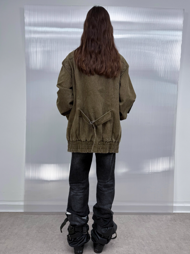 Wash Clip Cotton Drop Shoulder Workwear Mid-Length Loose Jacket【s0000014546】