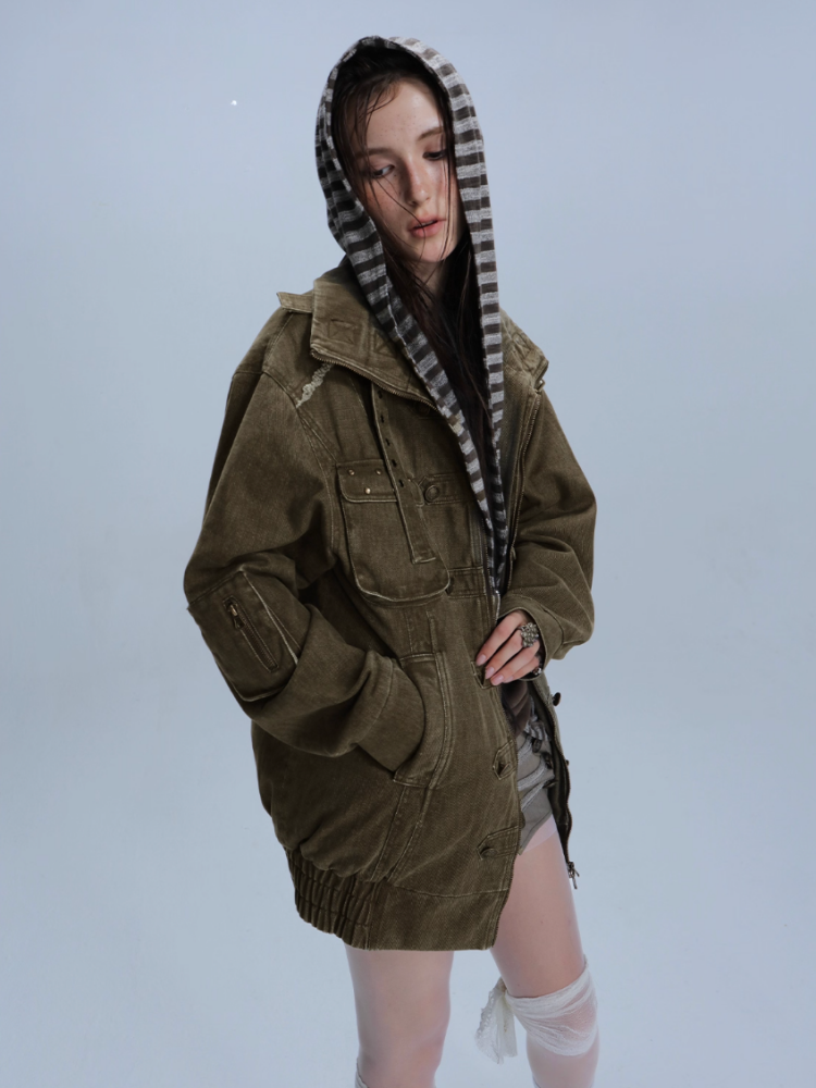 Wash Clip Cotton Drop Shoulder Workwear Mid-Length Loose Jacket【s0000014546】