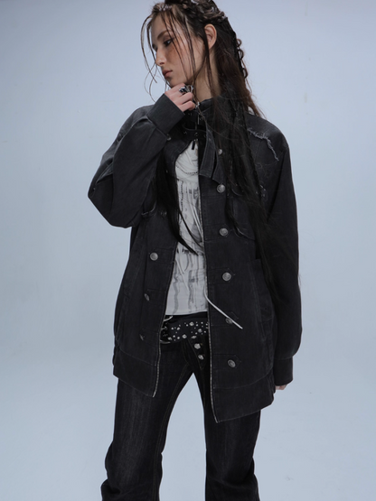 Wash Clip Cotton Drop Shoulder Workwear Mid-Length Loose Jacket【s0000014546】