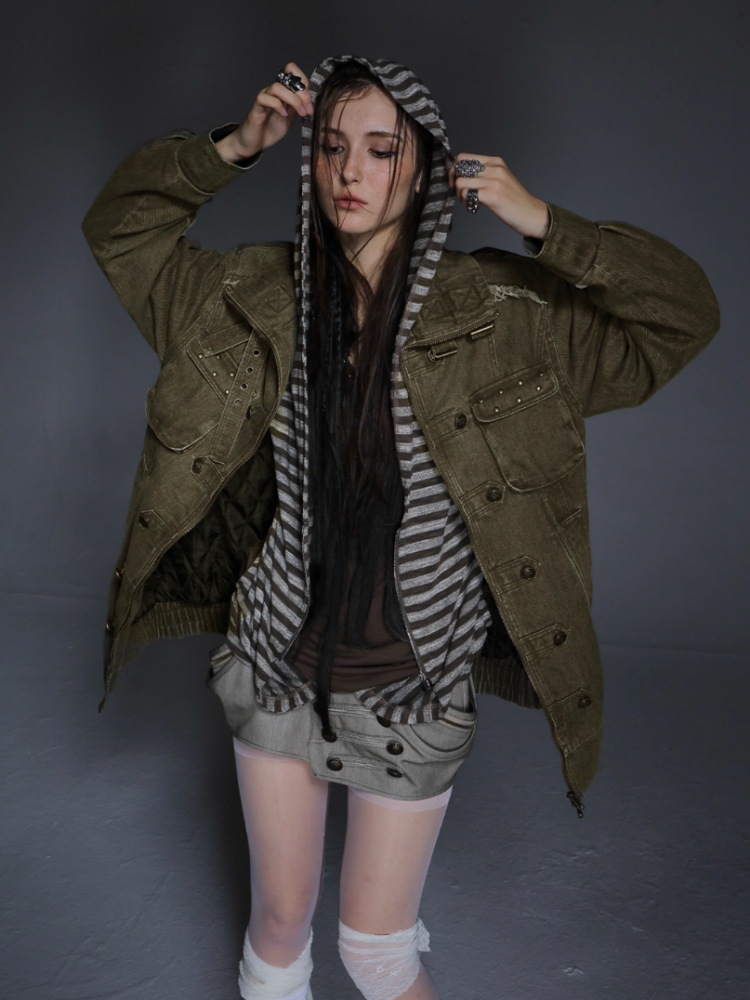 Wash Clip Cotton Drop Shoulder Workwear Mid-Length Loose Jacket【s0000014546】