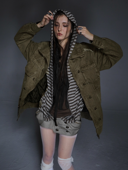 Wash Clip Cotton Drop Shoulder Workwear Mid-Length Loose Jacket【s0000014546】