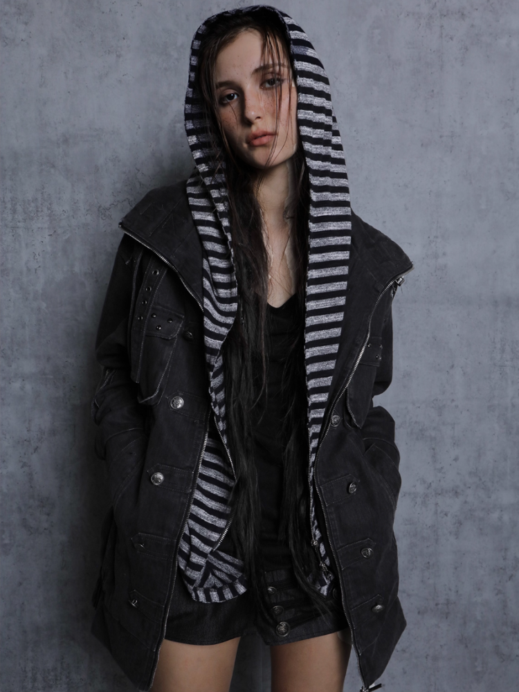 Wash Clip Cotton Drop Shoulder Workwear Mid-Length Loose Jacket【s0000014546】