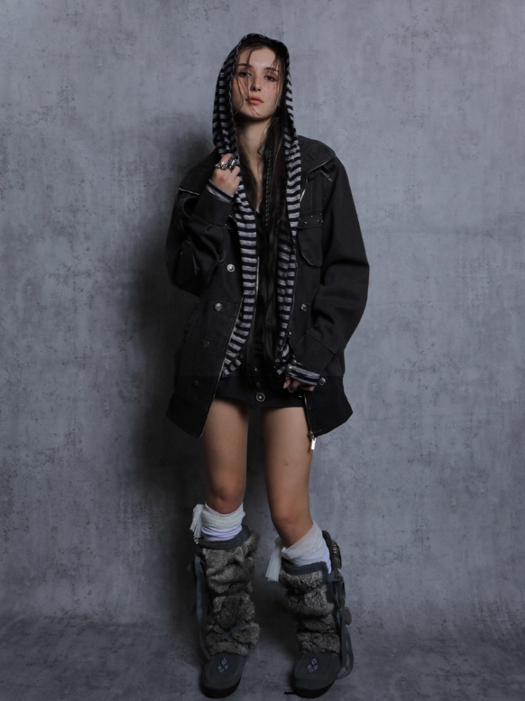 Wash Clip Cotton Drop Shoulder Workwear Mid-Length Loose Jacket【s0000014546】