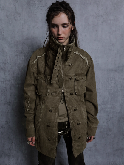 Wash Clip Cotton Drop Shoulder Workwear Mid-Length Loose Jacket【s0000014546】